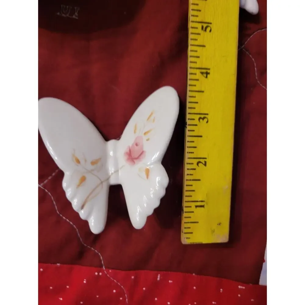 Vintage Porcelain Butterfly Wall Hanging Set & Ceramic Floral Wood Frame Plaque